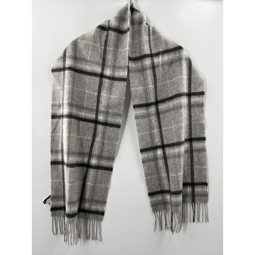 Reiss Unisex Wool Cashmere Blend Plaid Scarf Gray Black Ivory Fringe NWOT